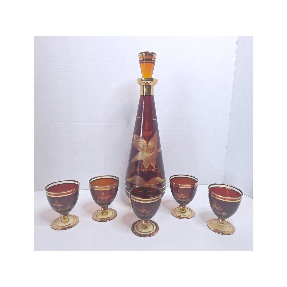 VTG Joska Bleikristall Amber Glass Decanter 6Pc Etched Eagle Gold Trim Cordial
